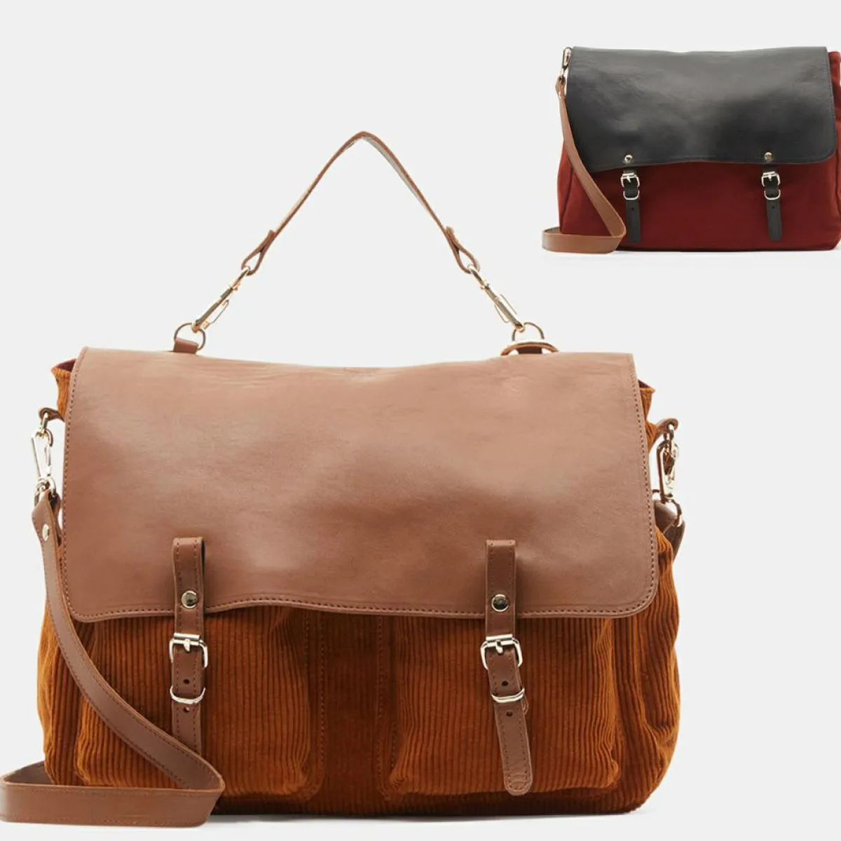 Craie Sacs|Sac cartable réversible en Velours côtelé Maxi Maths marron 24x35x9 cm