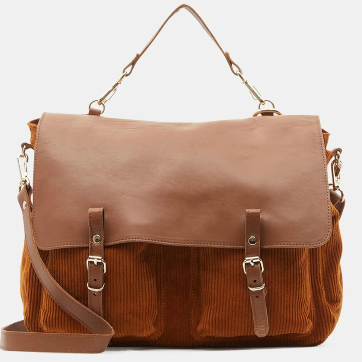 Craie Sacs|Sac cartable réversible en Velours côtelé Maxi Maths marron 24x35x9 cm