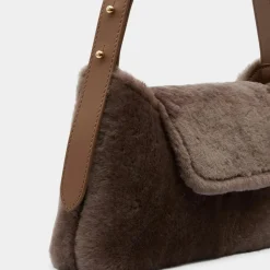 Elleme Sacs|Sac enveloppe en Cuir & Peau Shearli marron foncé 16x28x6 cm