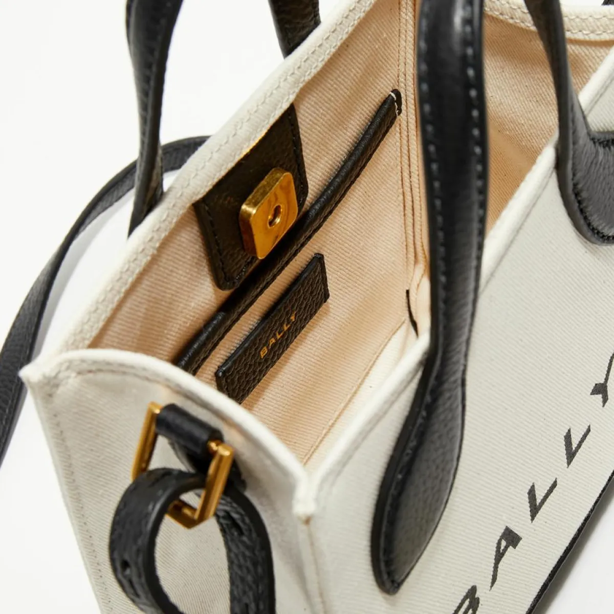 Bally Sacs|Sac fourre-tout en Coton & Cuir naturel/noir - 17x20x 9 cm