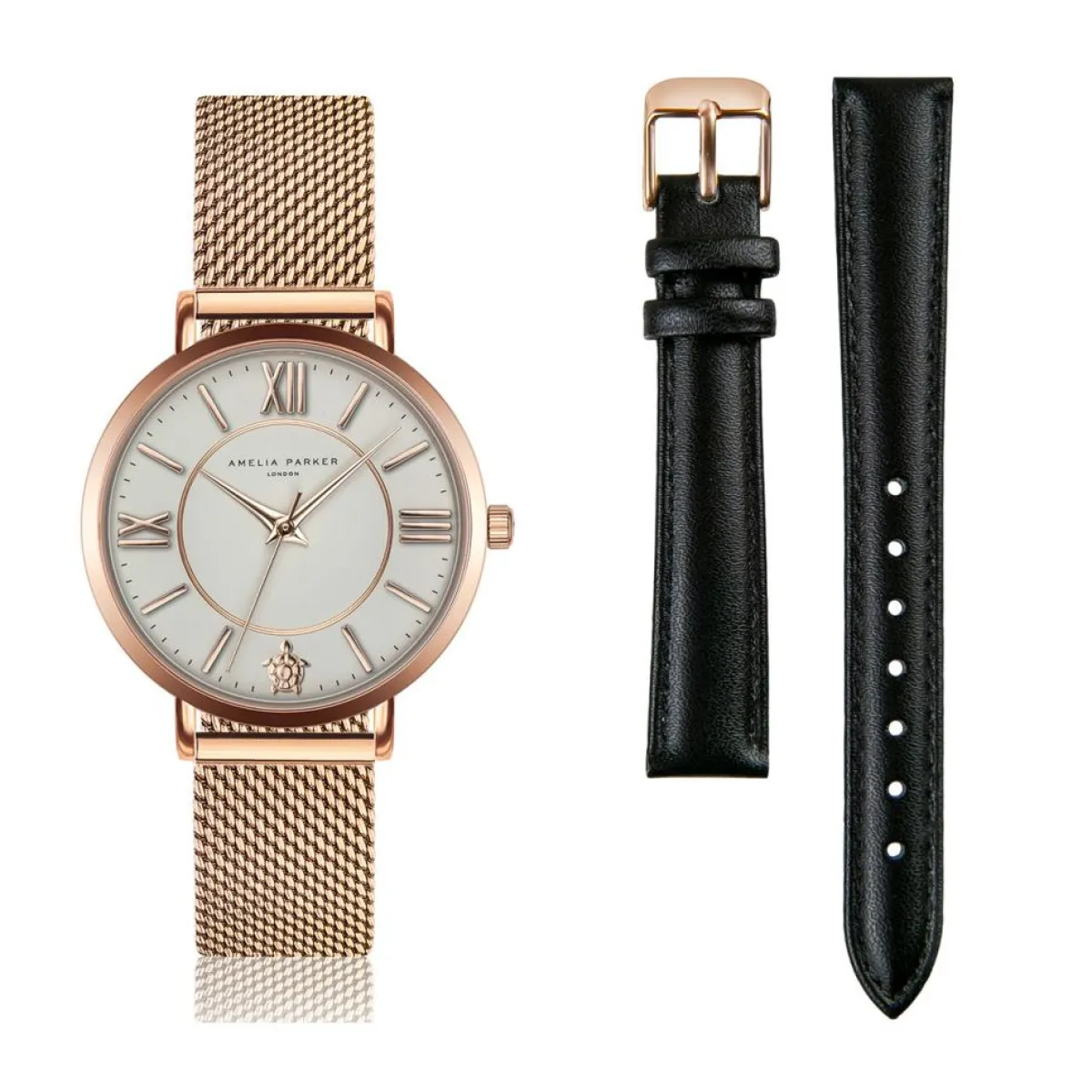 Amelia Parker Montres|Set Montre Femme 2 Bracelets Petite Classique en Acier & Cuir rose doré/noir