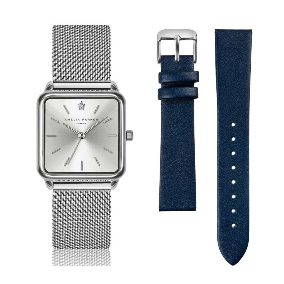 Amelia Parker Montres|Set Montre Femme 2 Bracelets Plaza en Acier & Cuir argenté/bleu foncé