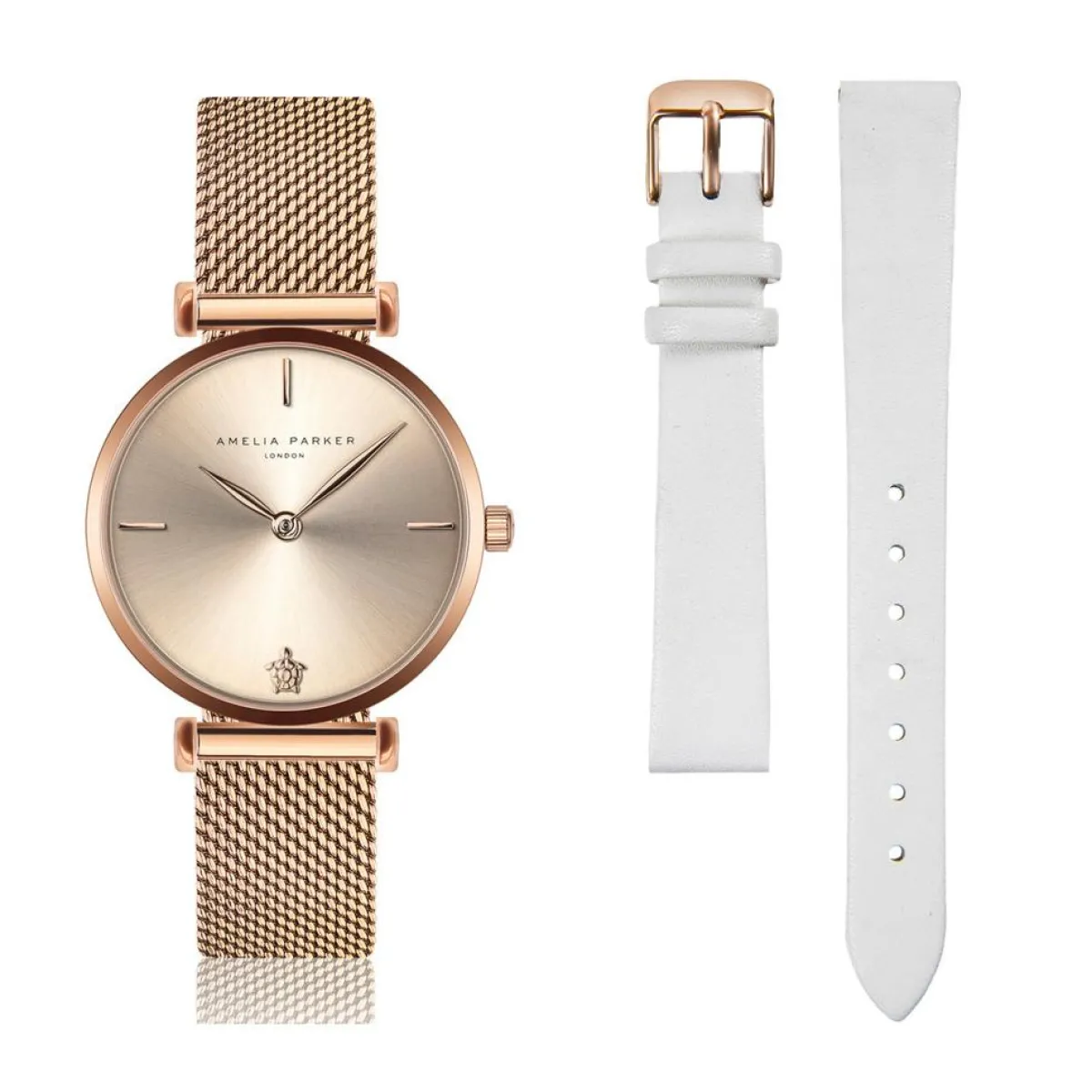 Amelia Parker Montres|Set Montre Femme 2 Bracelets Gold Shore en Acier & Cuir rose doré/blanc