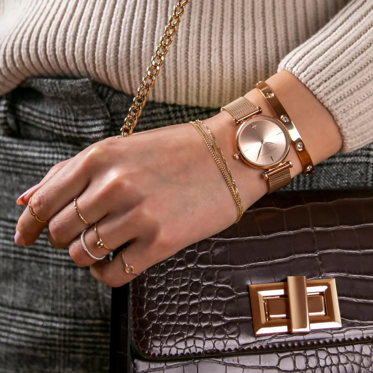 Amelia Parker Montres|Set Montre Femme 2 Bracelets Gold Shore en Acier & Cuir rose doré/blanc