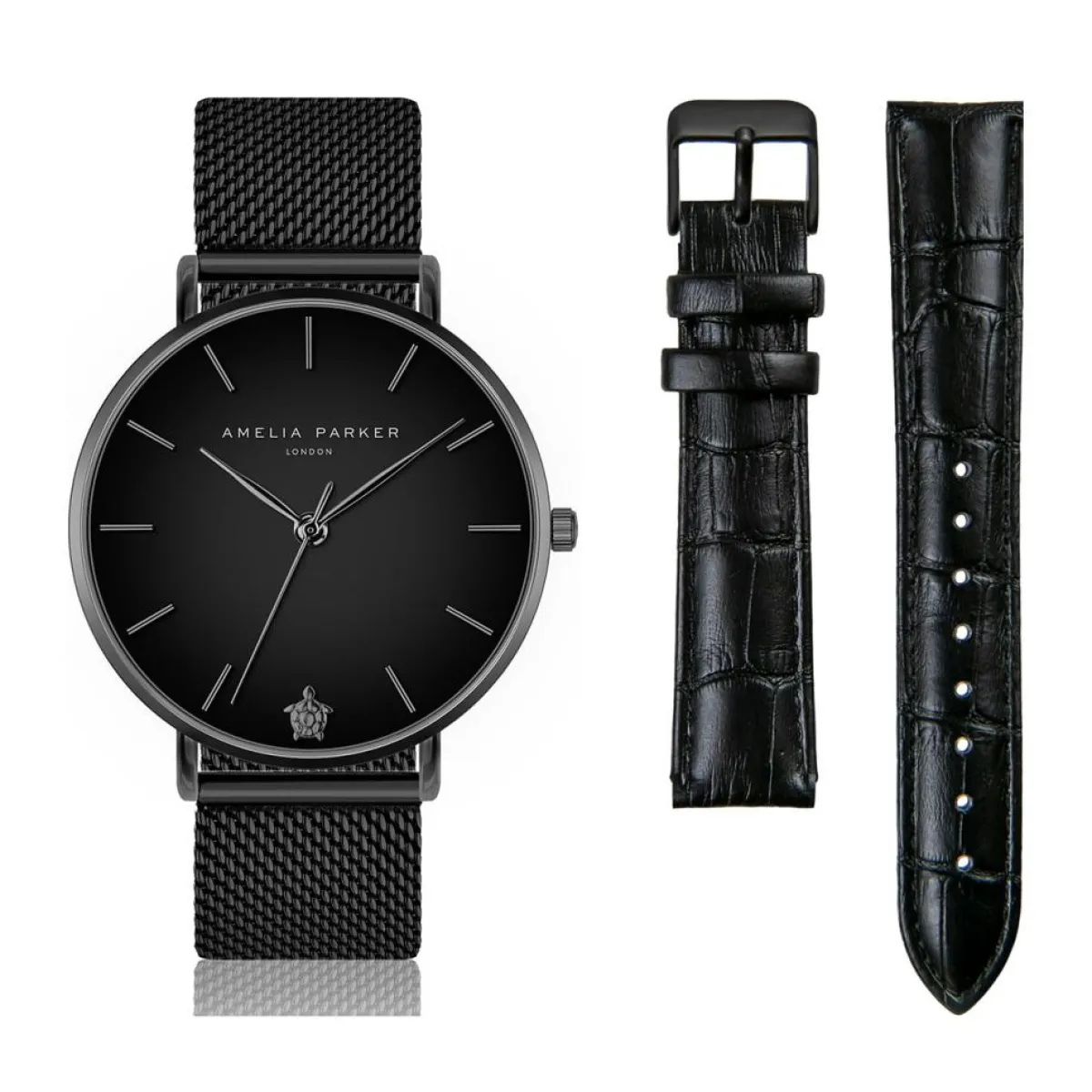 Amelia Parker Montres|Set Montre Femme 2 Bracelets Jet Black en Acier & Cuir noir