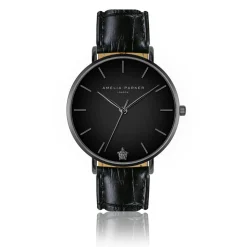 Amelia Parker Montres|Set Montre Femme 2 Bracelets Jet Black en Acier & Cuir noir
