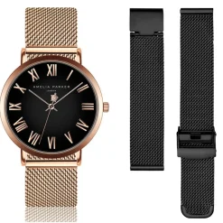 Amelia Parker Montres|Set Montre Femme 2 Bracelets Grand en Acier rose doré/noir