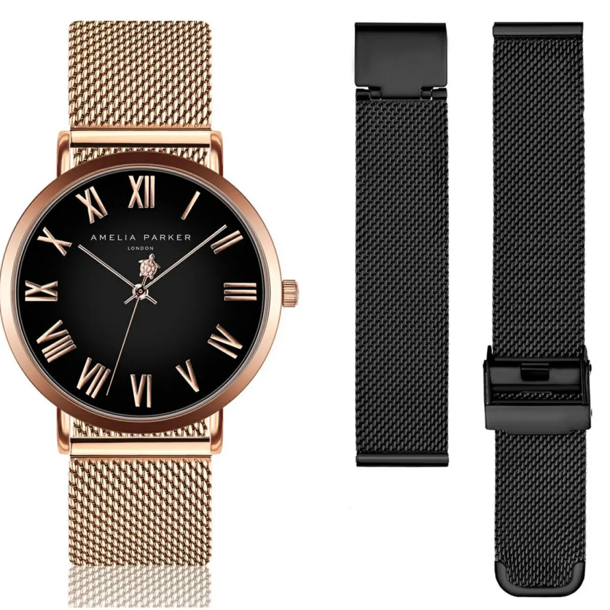 Amelia Parker Montres|Set Montre Femme 2 Bracelets Grand en Acier rose doré/noir