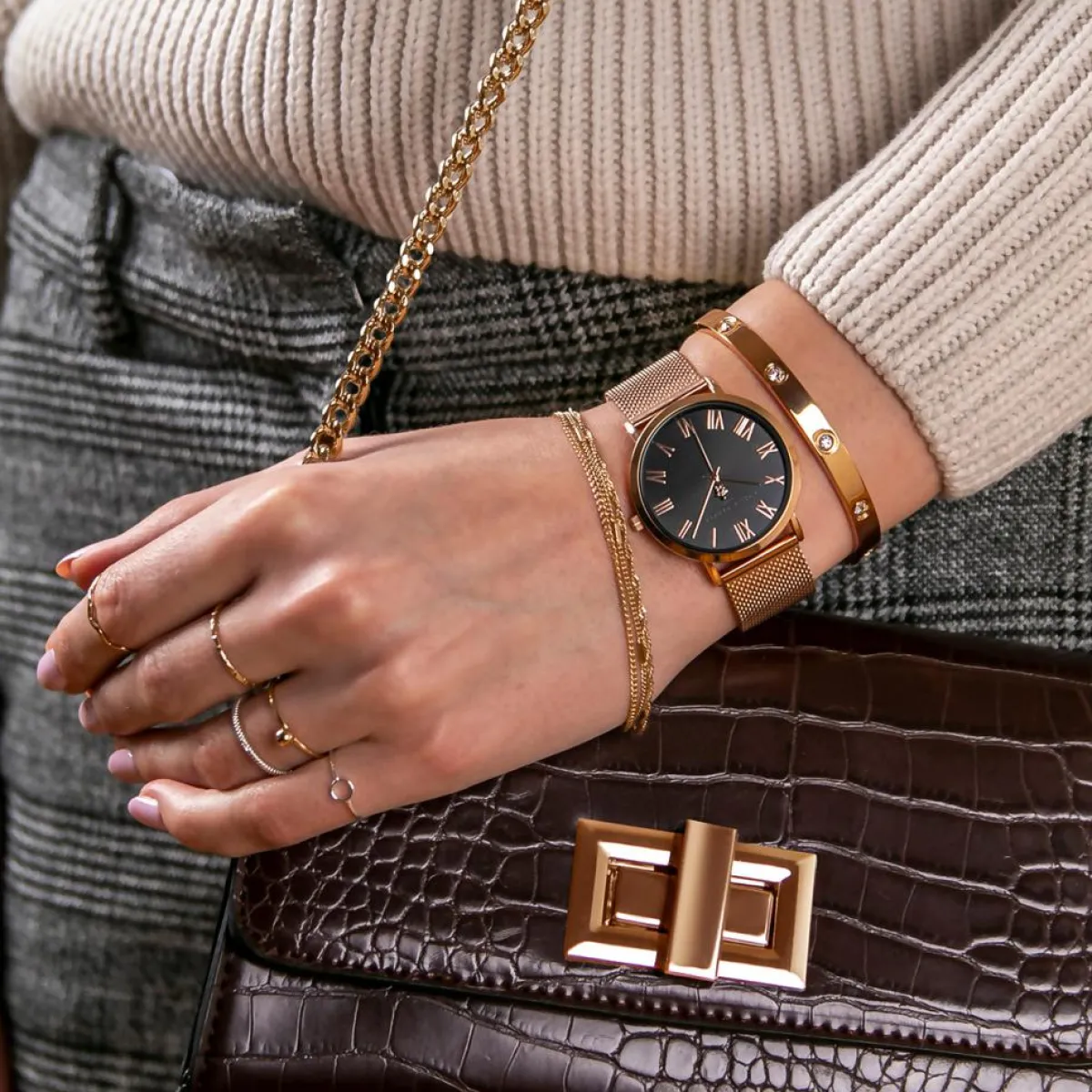 Amelia Parker Montres|Set Montre Femme 2 Bracelets Grand en Acier rose doré/noir