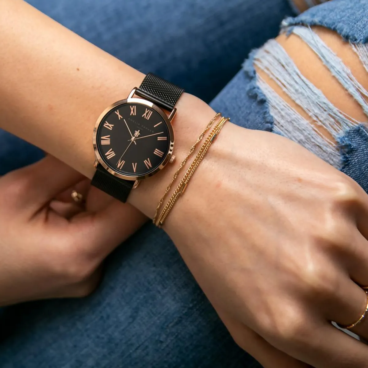 Amelia Parker Montres|Set Montre Femme 2 Bracelets Grand en Acier rose doré/noir