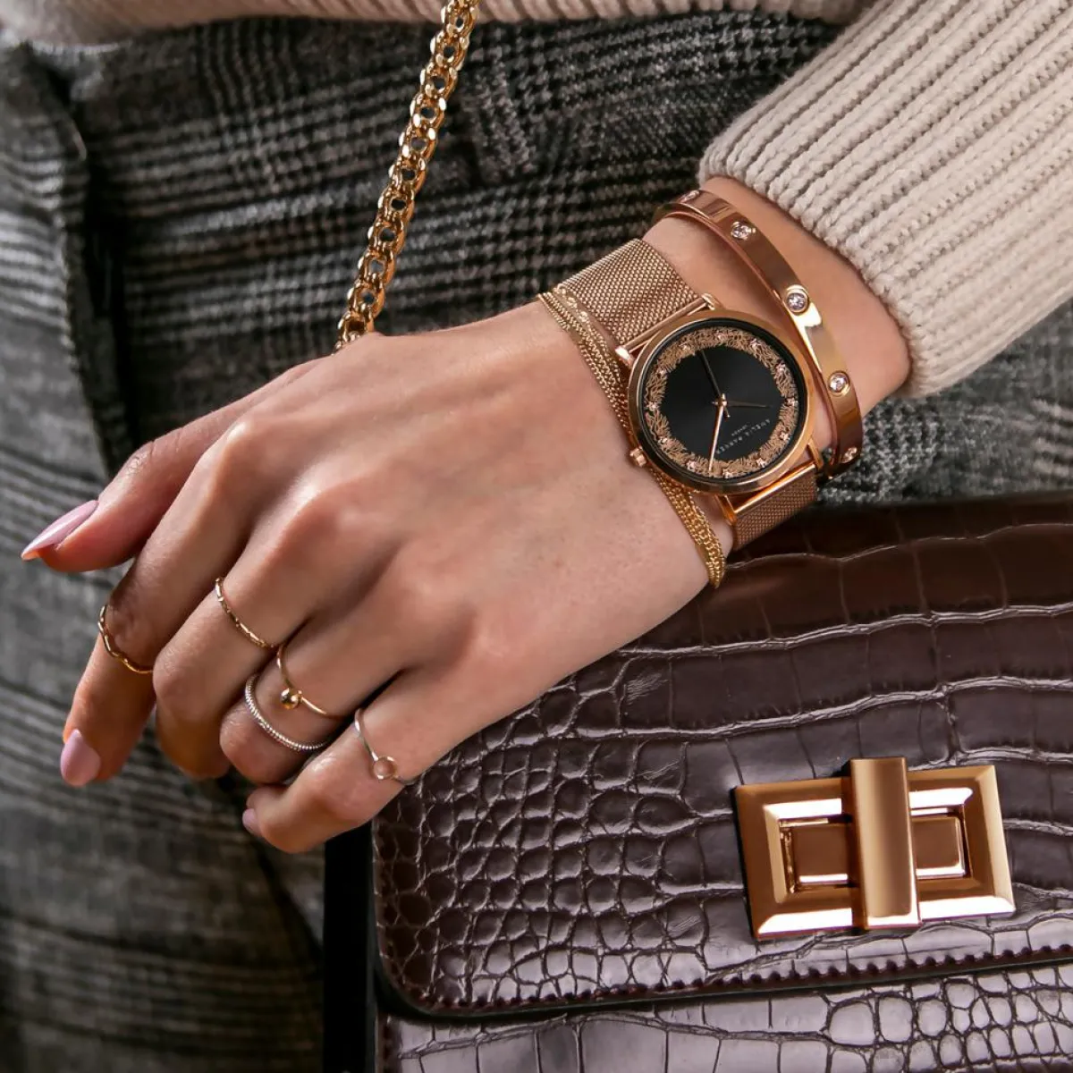 Amelia Parker Montres|Set Montre Femme 2 Bracelets Coral en Acier & Cuir rose doré/noir