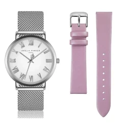 Amelia Parker Montres|Set Montre Femme 2 Bracelets Grand Blanc en Acier & Cuir argenté/rose
