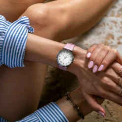 Amelia Parker Montres|Set Montre Femme 2 Bracelets Grand Blanc en Acier & Cuir argenté/rose