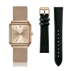 Amelia Parker Montres|Set Montre Femme 2 Bracelets Gold Plaza en Acier & Cuir rose doré/noir