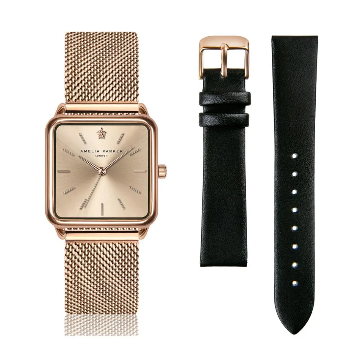 Amelia Parker Montres|Set Montre Femme 2 Bracelets Gold Plaza en Acier & Cuir rose doré/noir