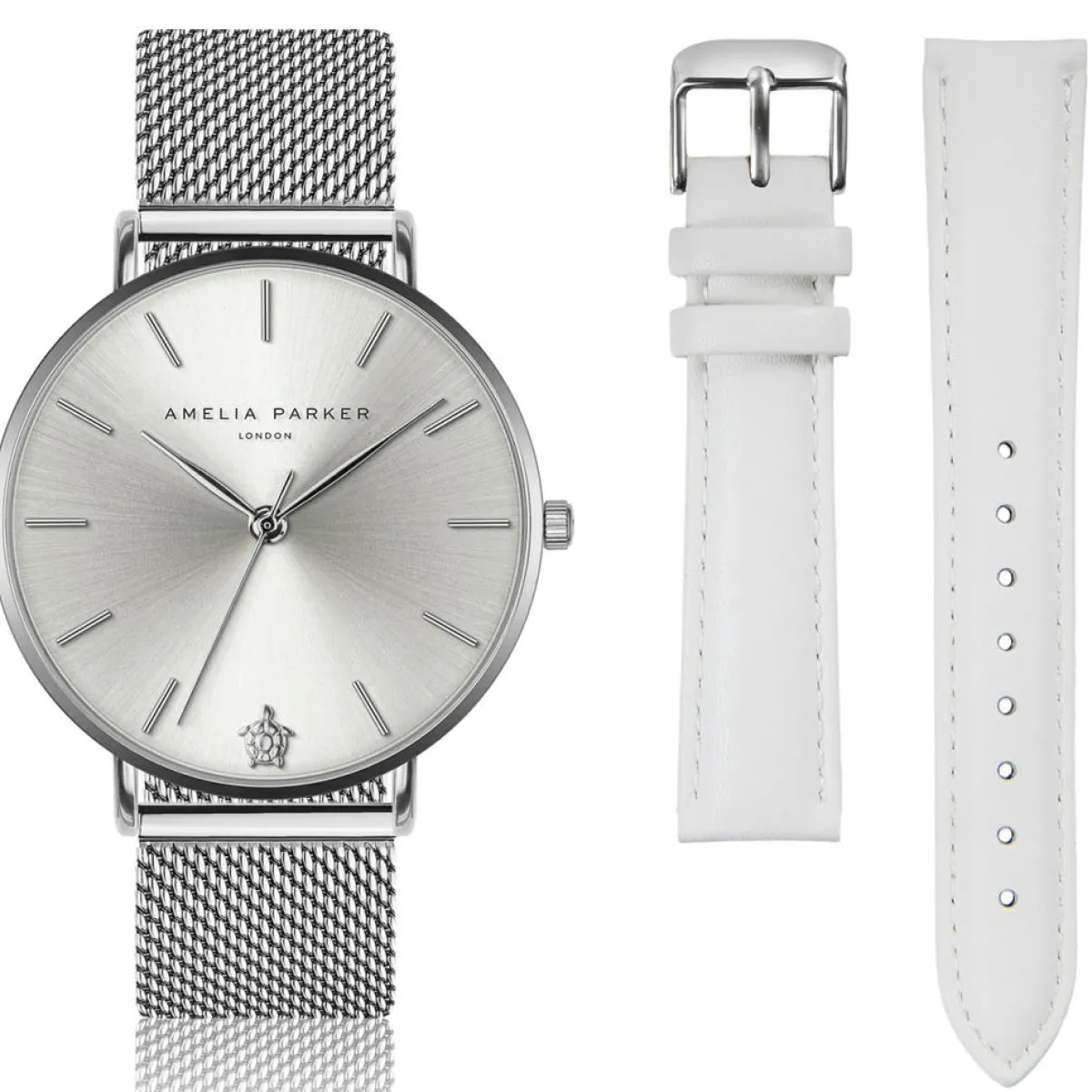 Amelia Parker Montres|Set Montre Femme 2 Bracelets Capsule en Acier & Cuir argenté/blanc
