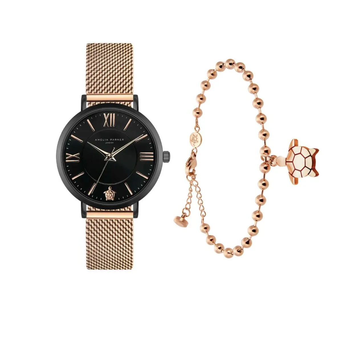 Amelia Parker Montres|Set Montre Femme & Bracelet Petite Noir en Acier rose doré