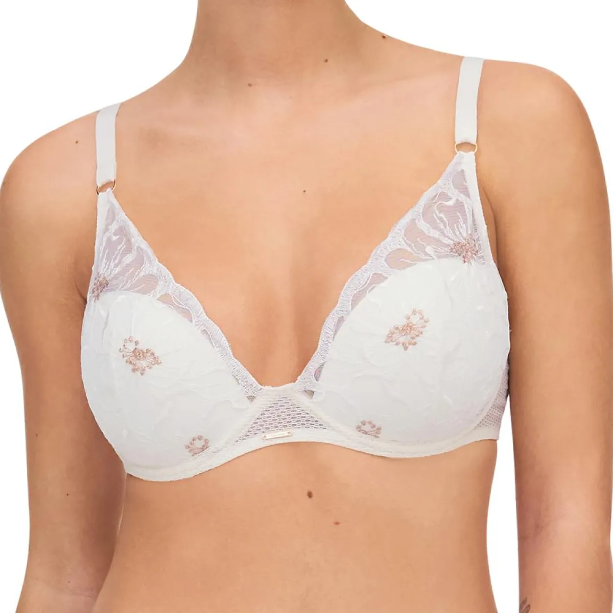 Chantelle Lingerie, Nuit|Soutien-gorge Coque Plongeant Fleurs ivoire/doré