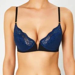 Huit Lingerie, Nuit|Soutien-gorge Push-Up en Soie mélangée Fleur de Nuit bleu marine/noir