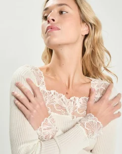 Mare Tops Et Blouses|Top en micromodal manches longues haut dentelle blanc