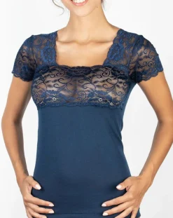 Mare Tops Et Blouses|Top manches courtes en Laine mélangée dentelle bleu marine