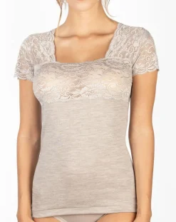 Mare Tops Et Blouses|Top manches courtes en Laine mélangée dentelle beige