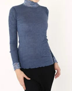 Mare Tops Et Blouses|Top manches longues col rond dentelle Laine plissée bleu marine