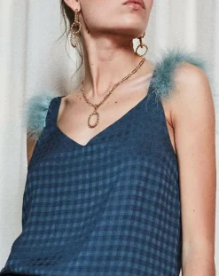Maison Père Tops Et Blouses|Top vichy détails plumes bleu marine
