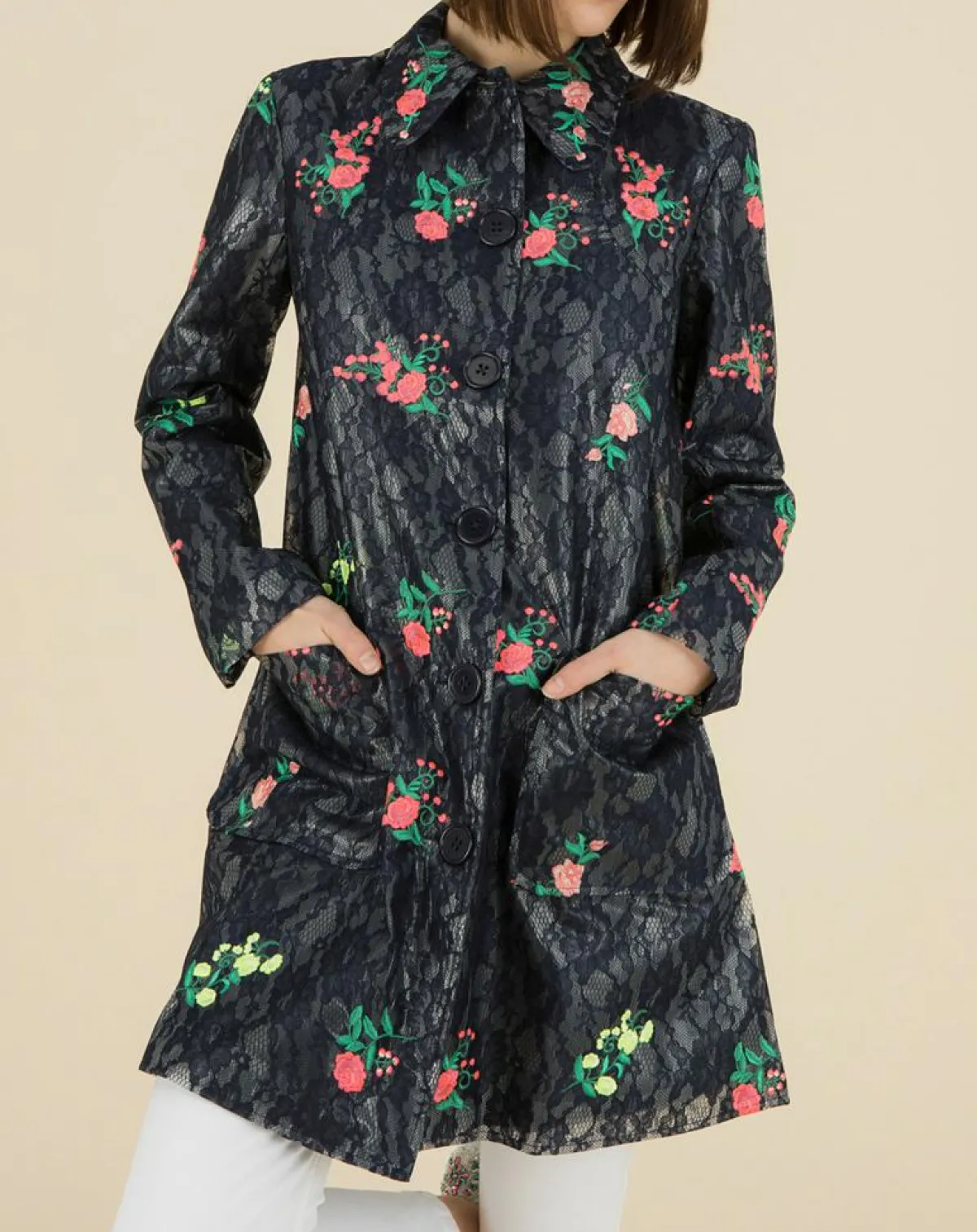 Manoush Manteaux|Trench broderies dentelle Rainy Day bleu marine