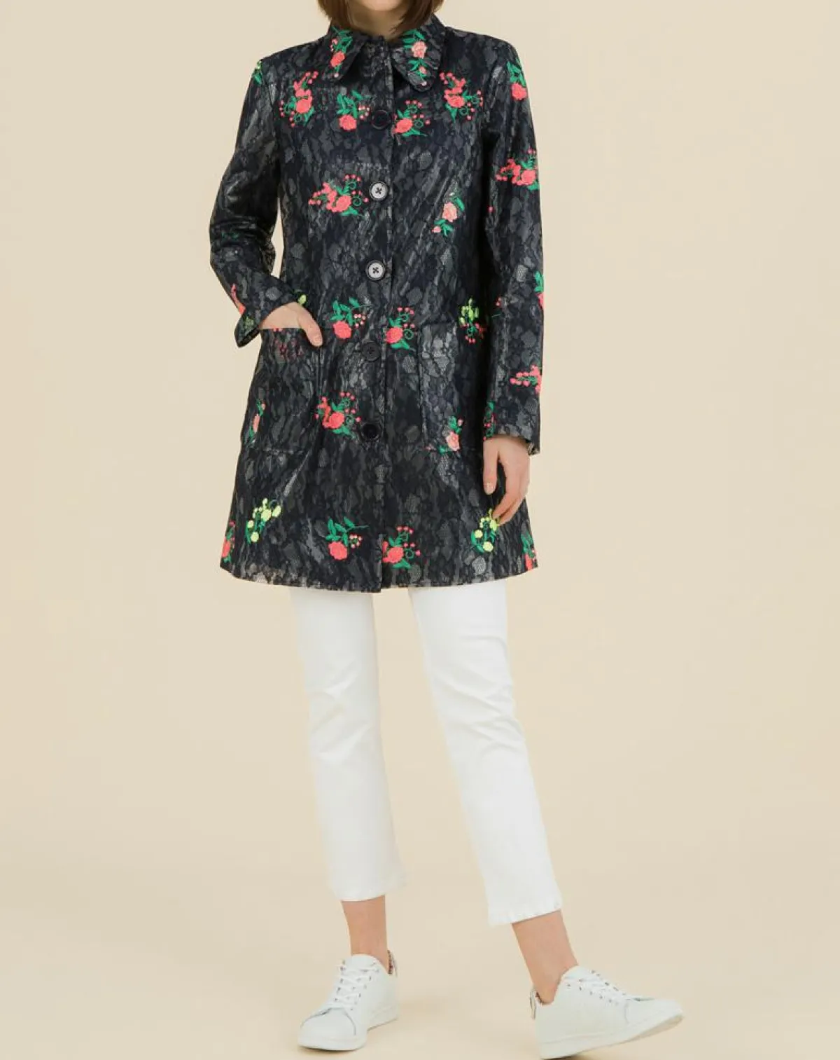 Manoush Manteaux|Trench broderies dentelle Rainy Day bleu marine