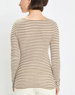 Marc O'Polo T-Shirts|T-Shirt Col Bateau Coton bio flammé rayé marron/écru