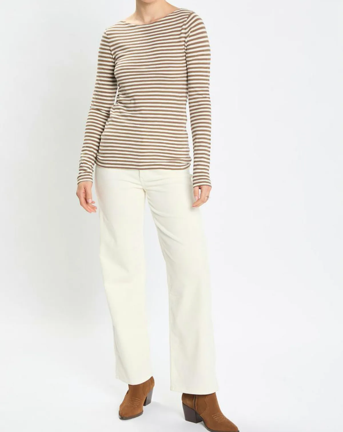 Marc O'Polo T-Shirts|T-Shirt Col Bateau Coton bio flammé rayé marron/écru