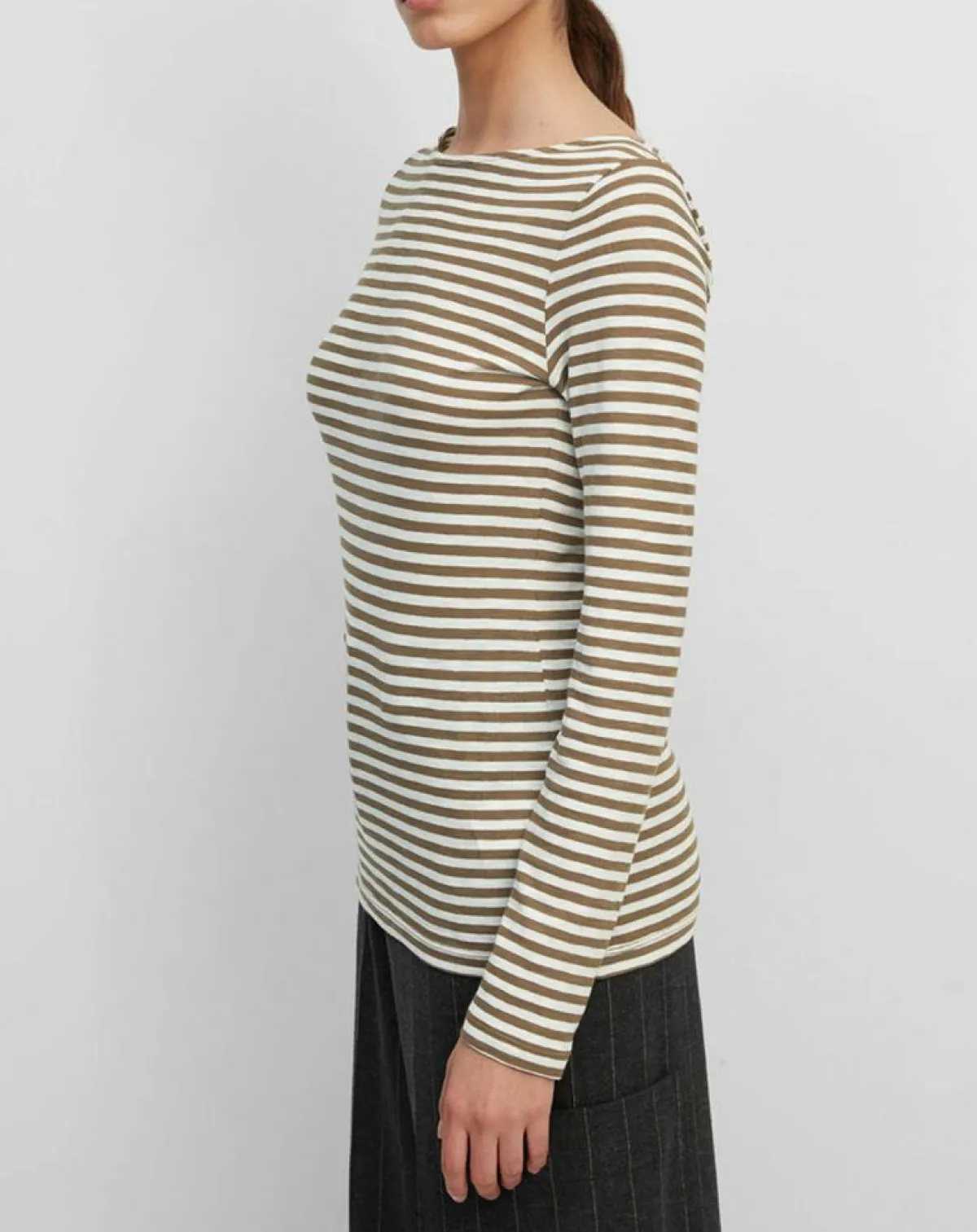 Marc O'Polo T-Shirts|T-Shirt Col Bateau Coton bio flammé rayé marron/écru