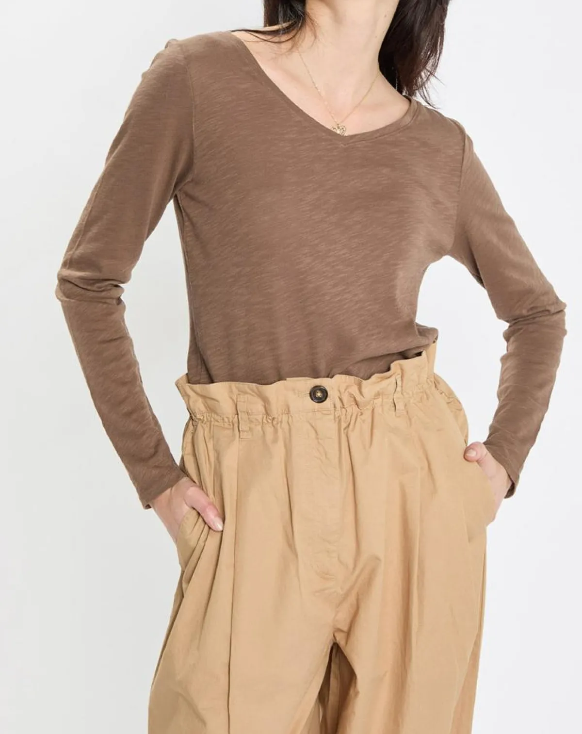 Marc O'Polo T-Shirts|T-Shirt Col V en Coton flammé kaki