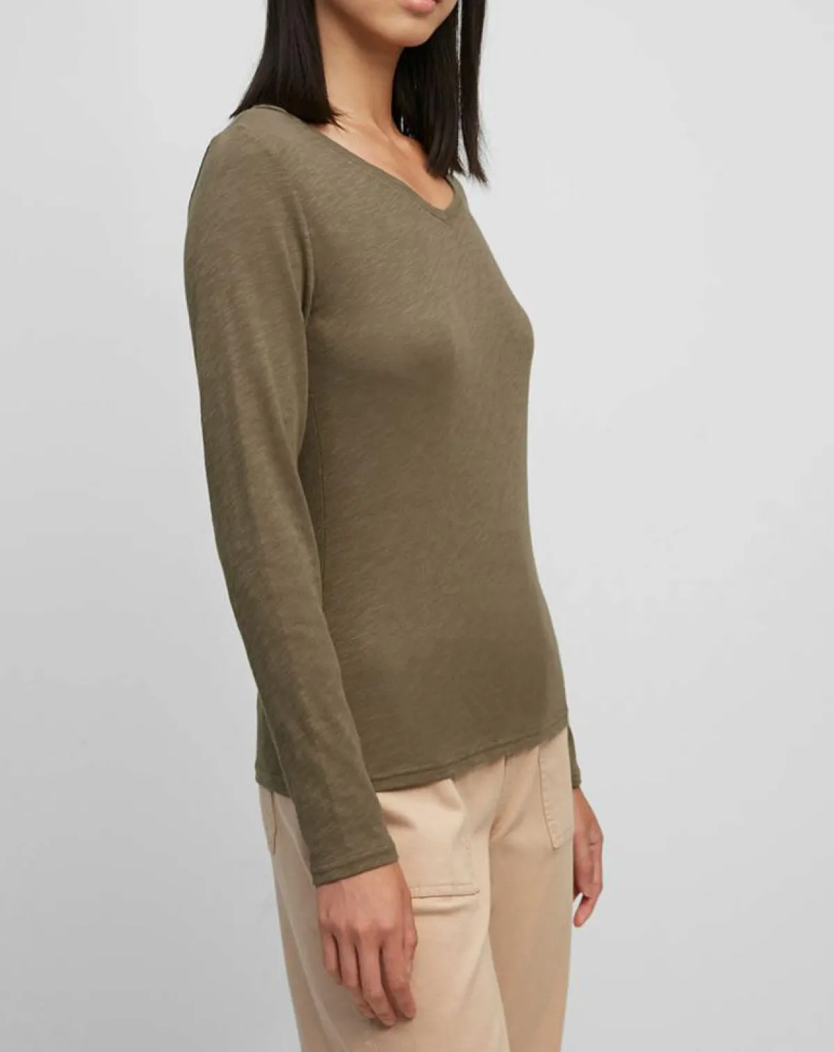 Marc O'Polo T-Shirts|T-Shirt Col V en Coton flammé kaki