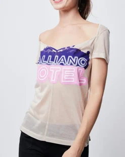 John Galliano T-Shirts|T-Shirt fin avec imprimé beige/violet/rose