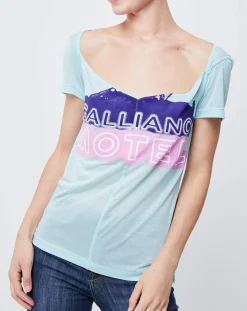 John Galliano T-Shirts|T-Shirt fin imprimé turquoise/multicolore