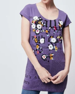 John Galliano T-Shirts|T-Shirt imprimé Gazette avec broderies et perles violet/multicolore