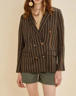 Chloé Stora Vestes, Blousons|Veste blazer en Lin mélangé Valeria rayée kaki