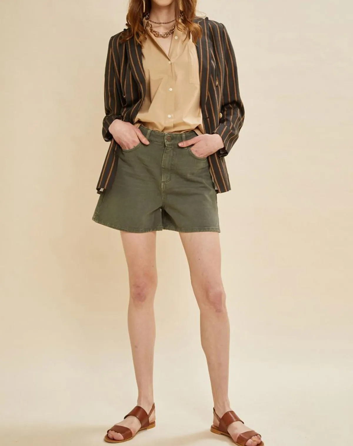 Chloé Stora Vestes, Blousons|Veste blazer en Lin mélangé Valeria rayée kaki