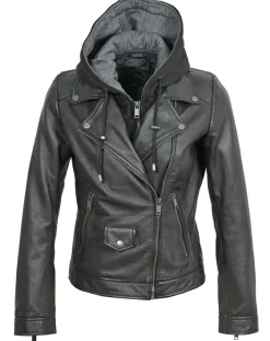 Chyston Vestes, Blousons|Veste en Cuir à capuche Cloelia noire