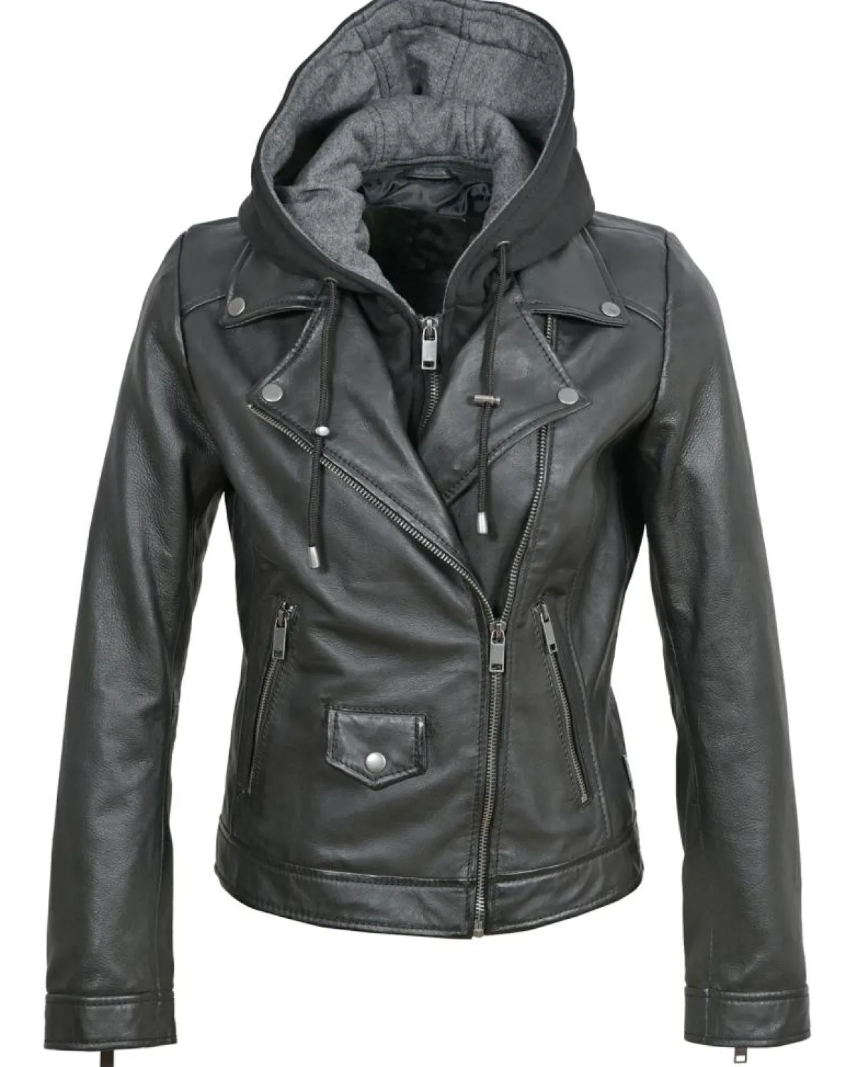 Chyston Vestes, Blousons|Veste en Cuir à capuche Cloelia noire