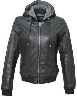 Chyston Vestes, Blousons|Veste en Cuir à capuche Cornelia noire