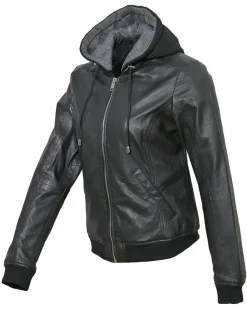 Chyston Vestes, Blousons|Veste en Cuir à capuche Cornelia noire