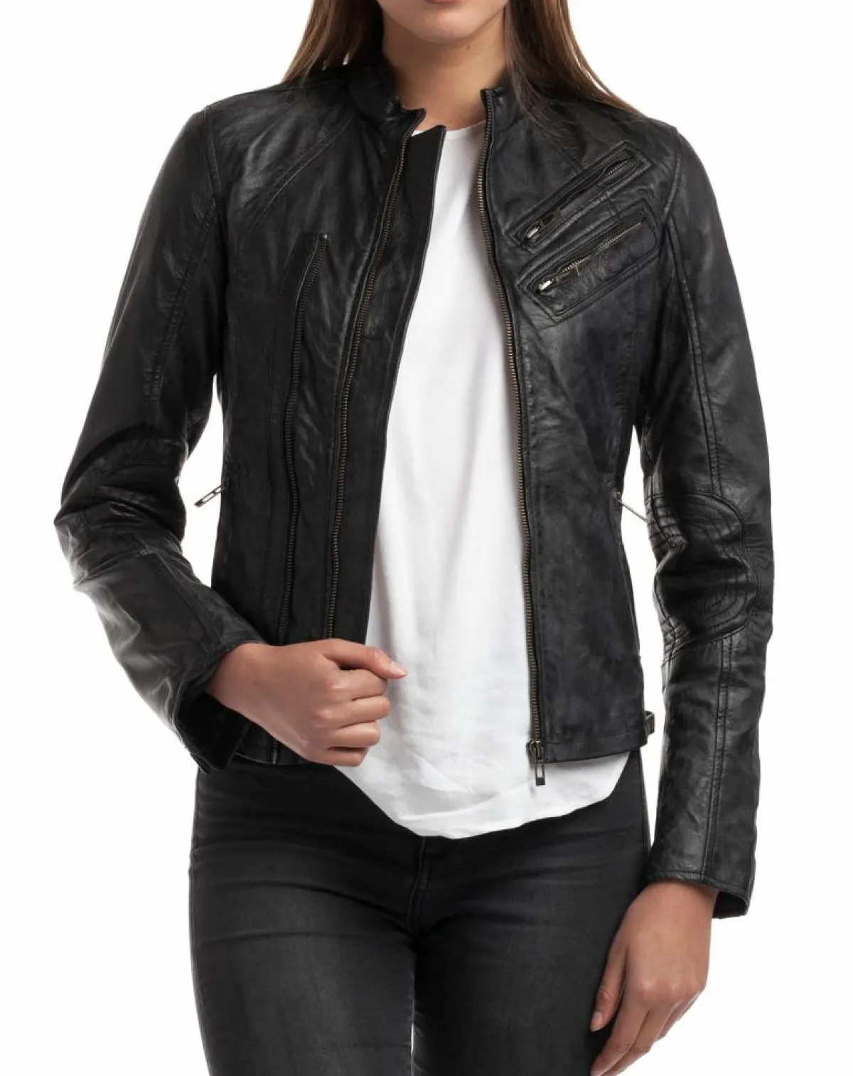 Chyston Vestes, Blousons|Veste en Cuir d'Agneau Samantha noire