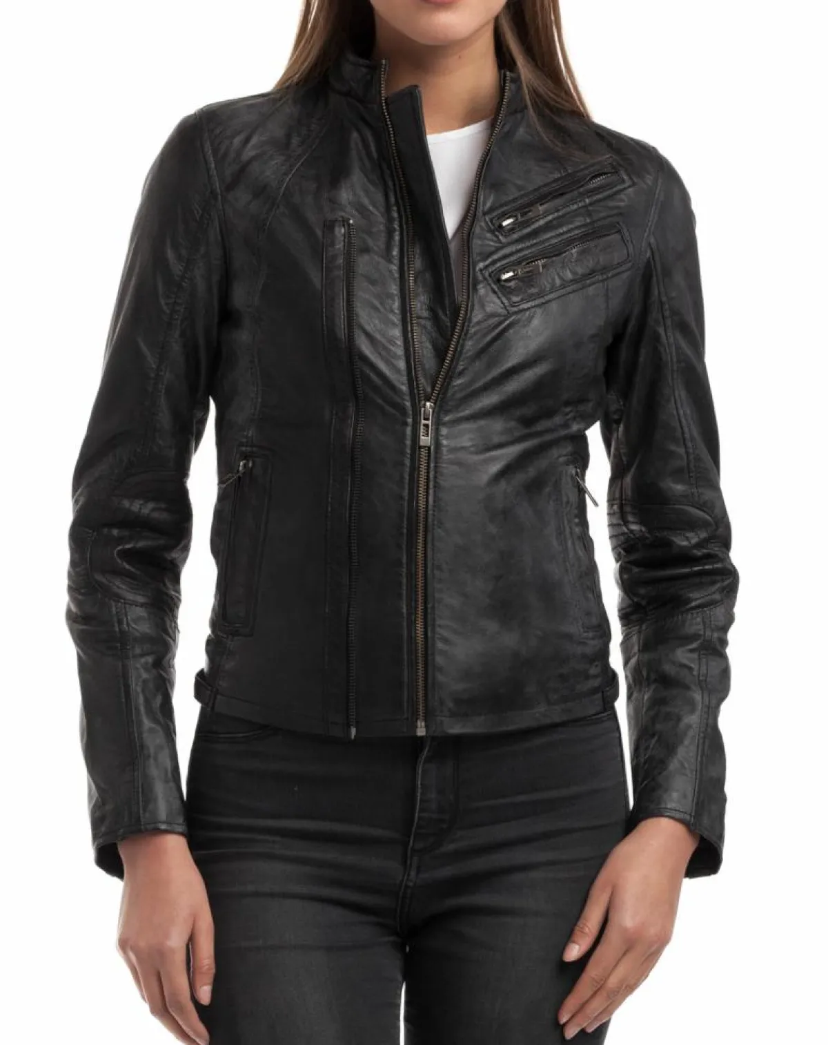 Chyston Vestes, Blousons|Veste en Cuir d'Agneau Samantha noire