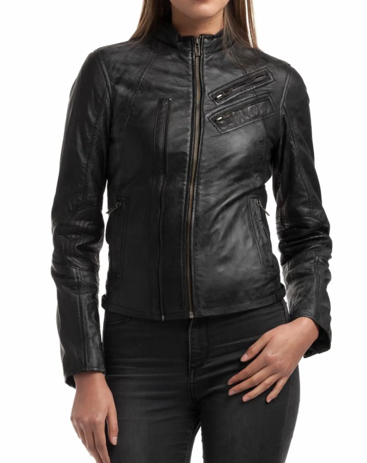 Chyston Vestes, Blousons|Veste en Cuir d'Agneau Samantha noire