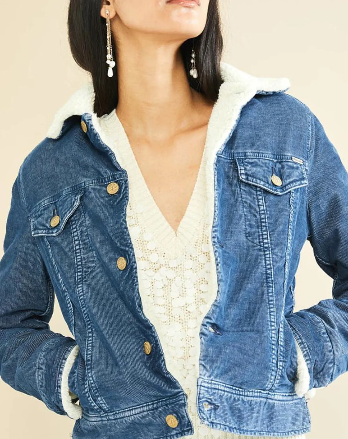 Acquaverde Vestes, Blousons|Veste fourrée en Velours côtelé sherpa Barth indigo